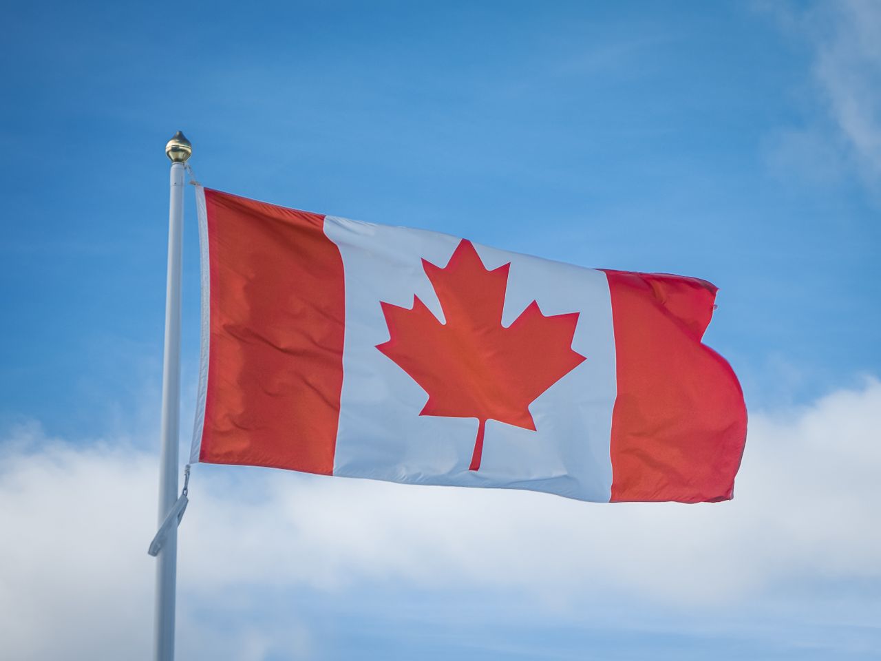 services-04 A vibrant Canadian flag waving in the breeze against a bright blue sky, symbolizing national pride.